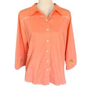 Eastwood Ranch Western Button Down Shirt Rose Embroidery Lace Peach L